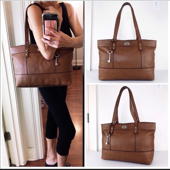 Fossil Long Live Vintage Rich Tan Rugged Leather Tote Carryall Shoulder Bag - Picture 2 of 15
